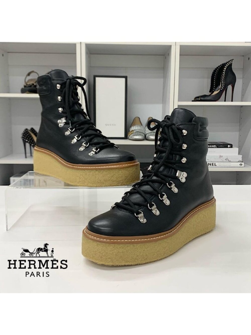 Hermes Discovery Leather Lace-up Platform Short Boots Black